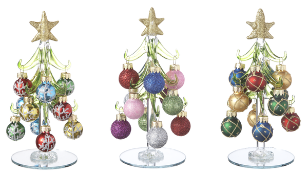 GLASS TREE WITH ORNAMENTS