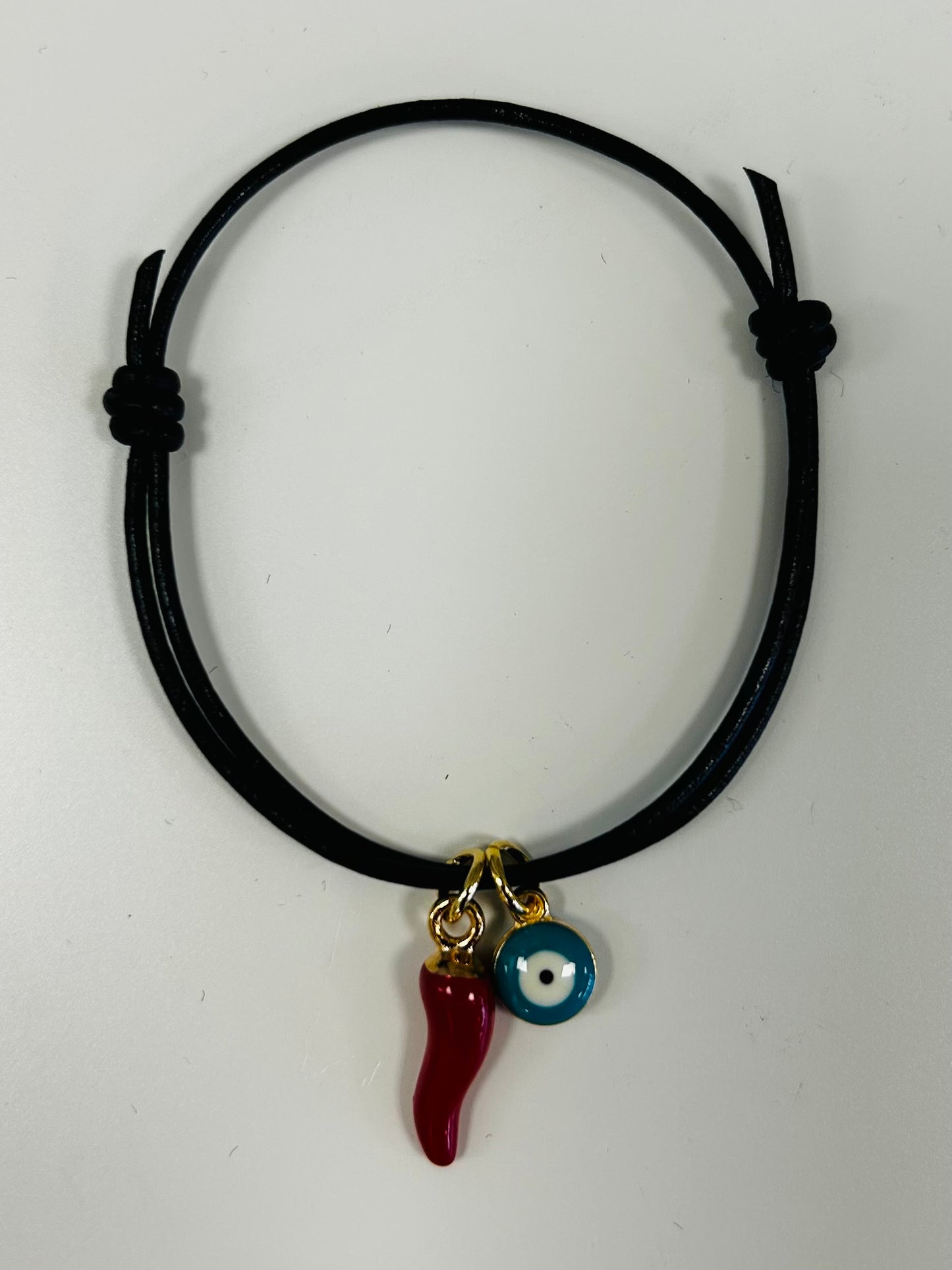 LEATHER EVIL EYE BRACELET W/CORNICELLO