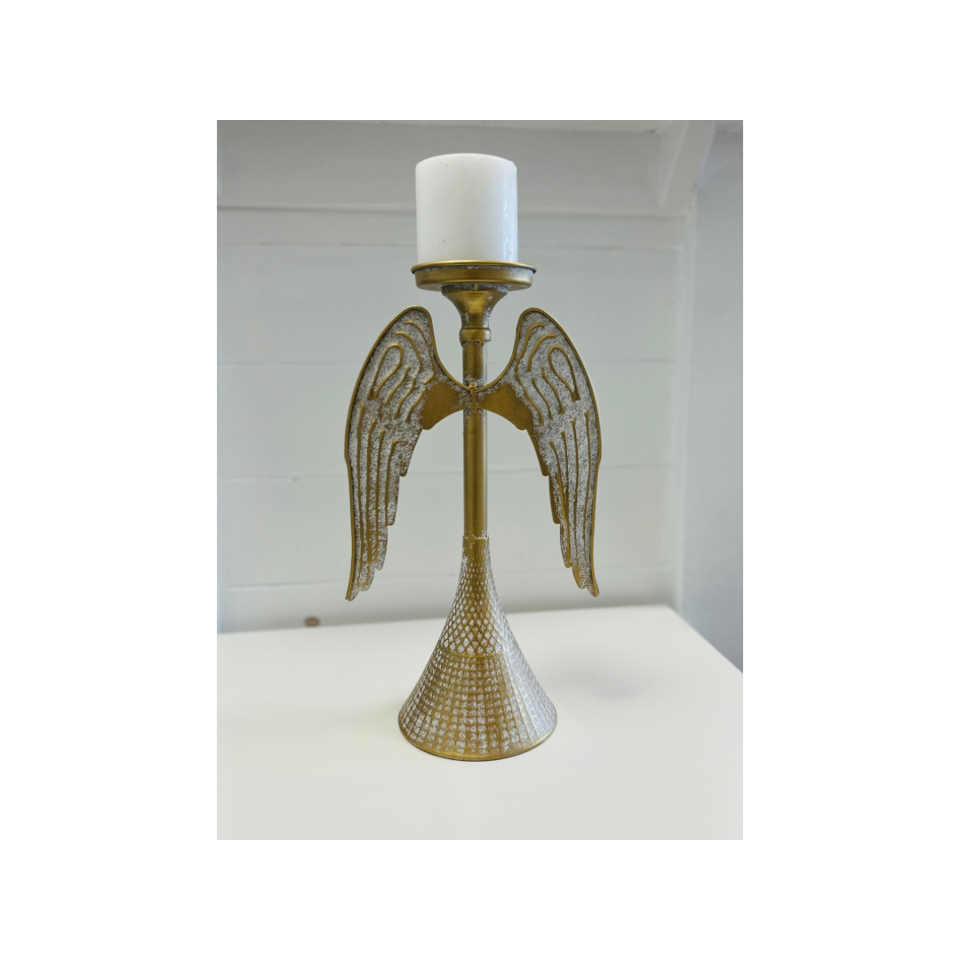 Whitewash Angel Wing Pillar Candle Holder
