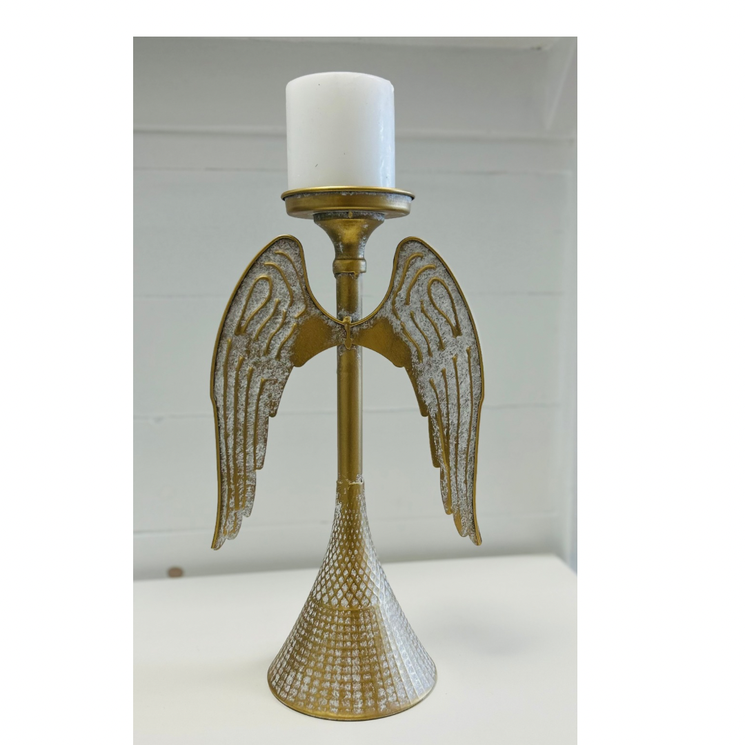 Whitewash Angel Wing Pillar Candle Holder