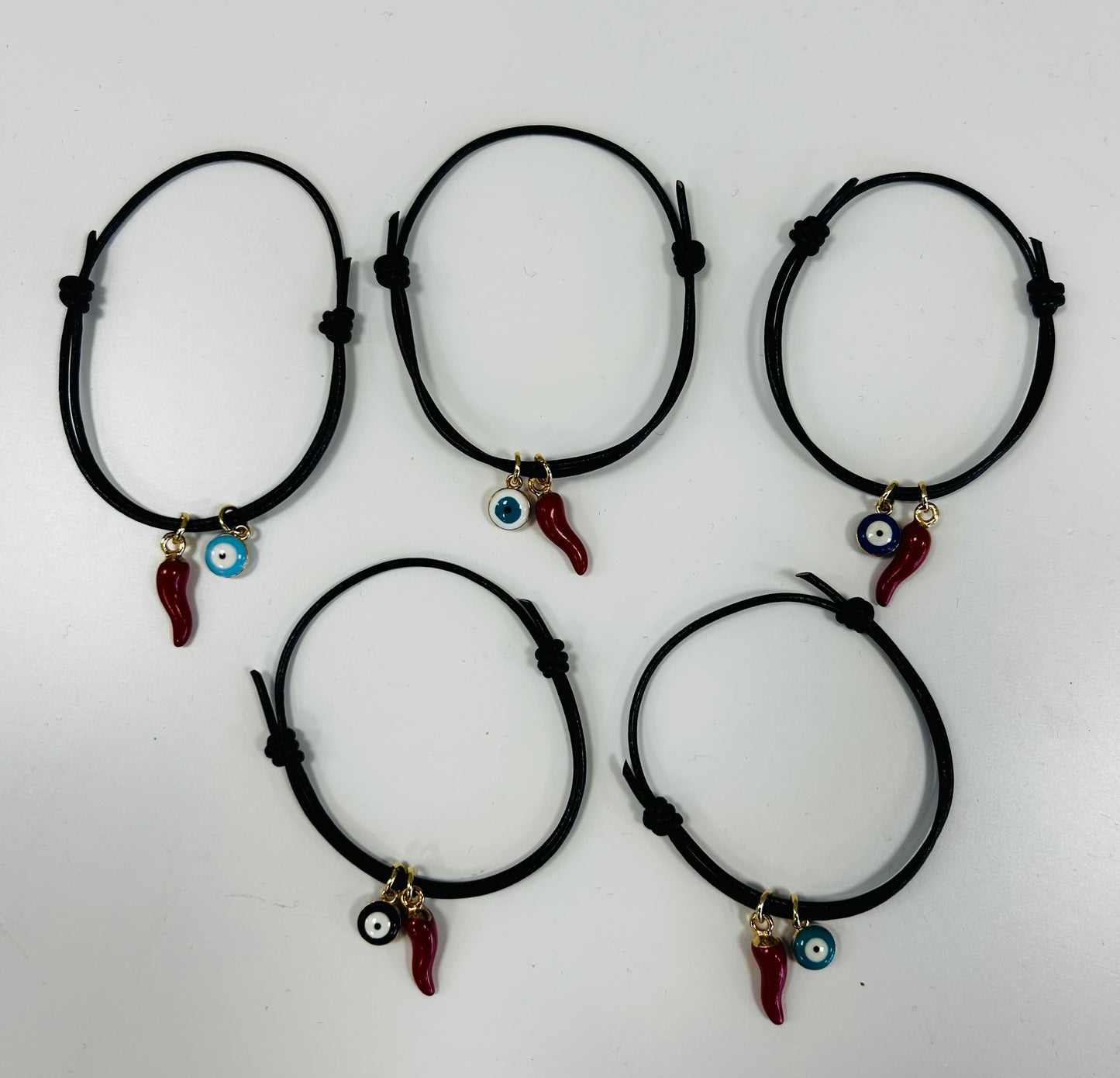 LEATHER EVIL EYE BRACELET W/CORNICELLO