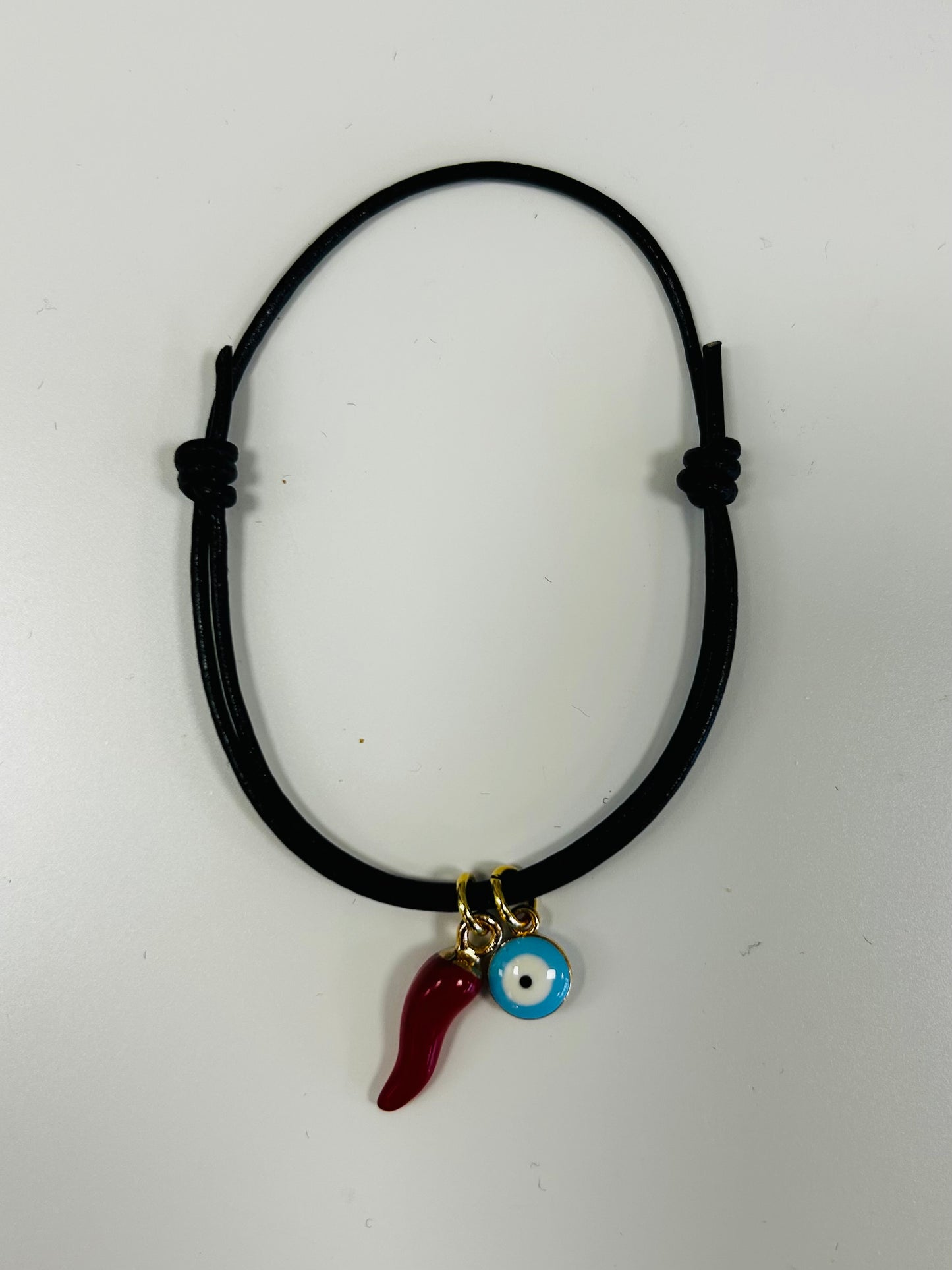 LEATHER EVIL EYE BRACELET W/CORNICELLO