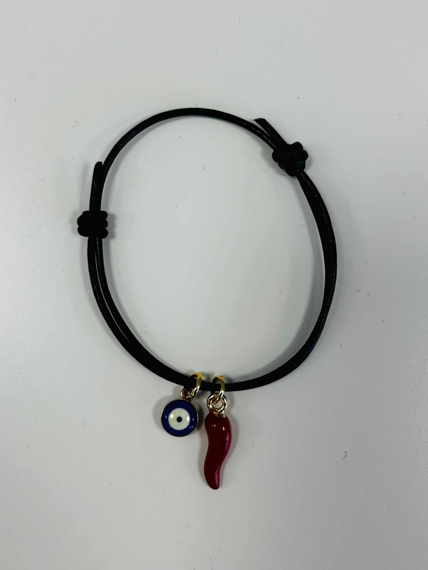 LEATHER EVIL EYE BRACELET W/CORNICELLO