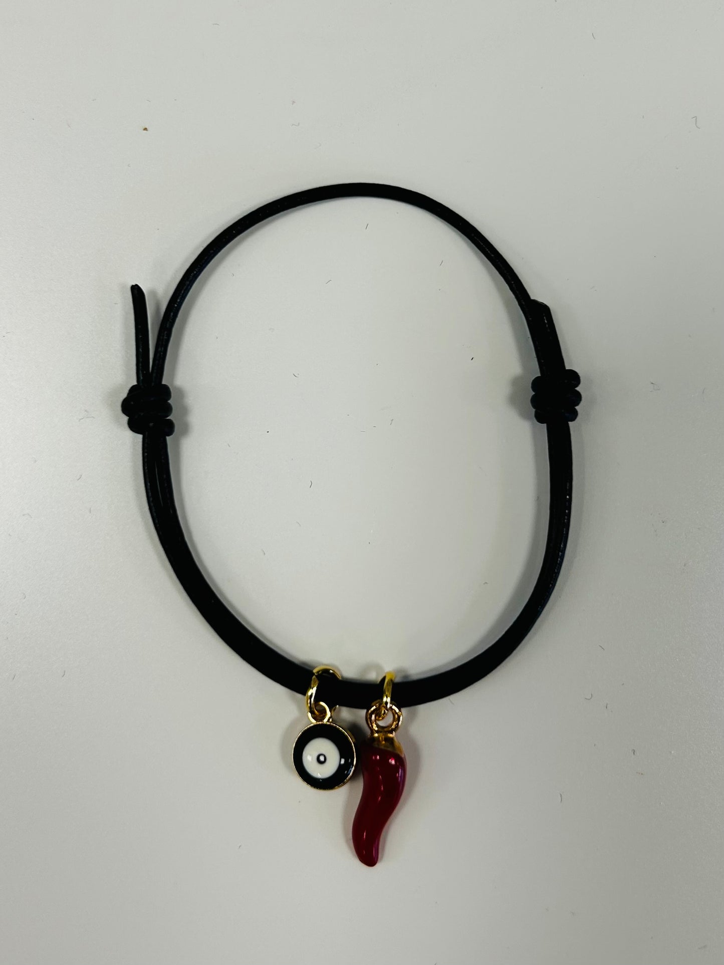 LEATHER EVIL EYE BRACELET W/CORNICELLO