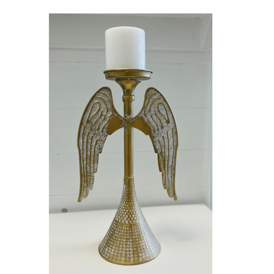 Whitewash Angel Wing Pillar Candle Holder